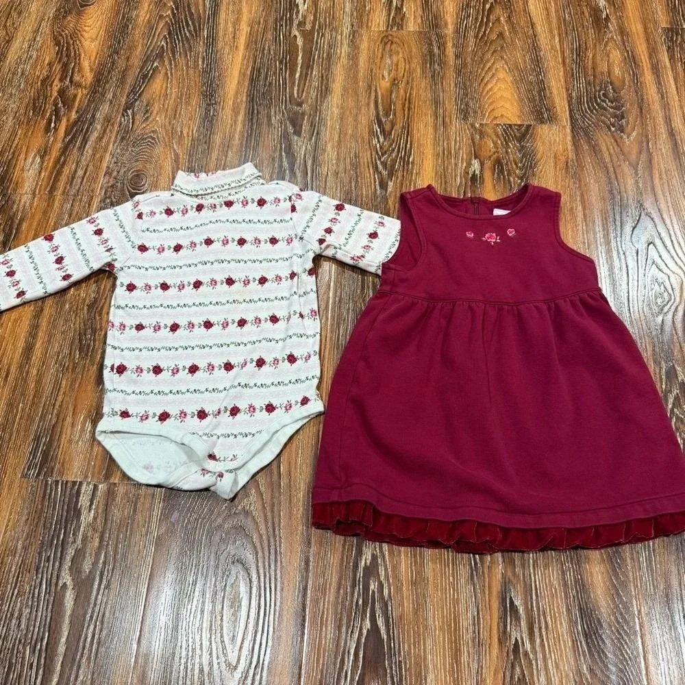 Gymboree Burgundy Girls Dress Size 18/ 24M Vintage Y2K Fashion Baby Floral Shirt